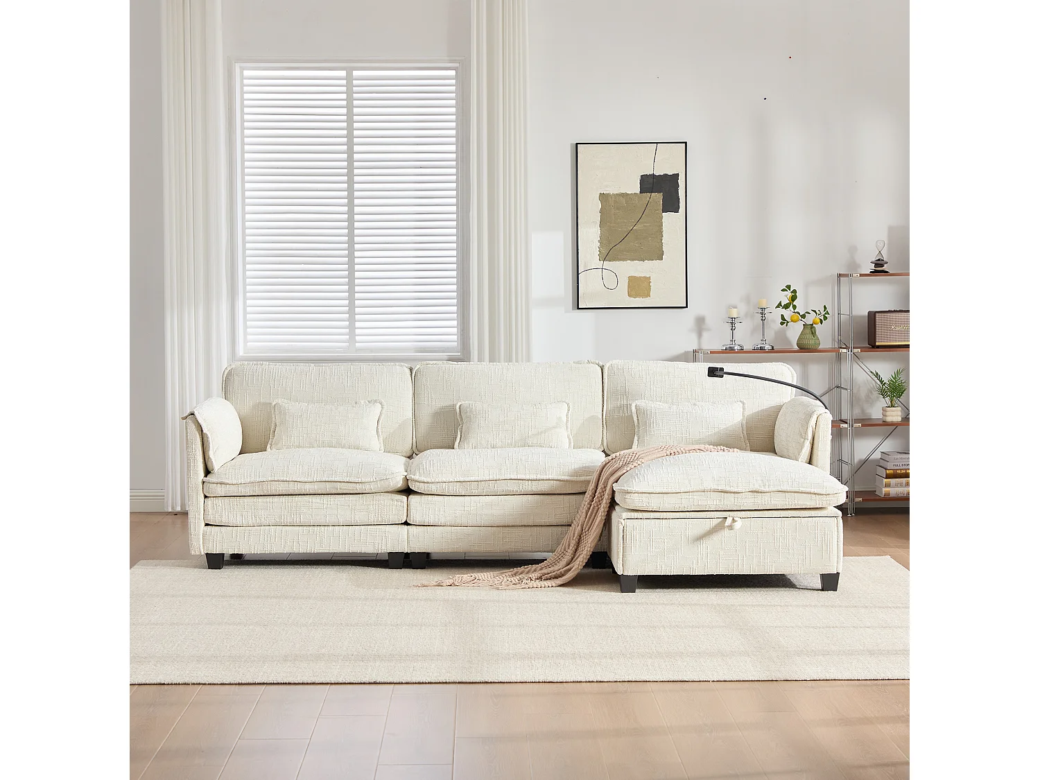 Canapé 3 places moderne - 279 x 83 x 85 cm - avec USB + poche latérale + repose-pieds avec rangement - velours - beige