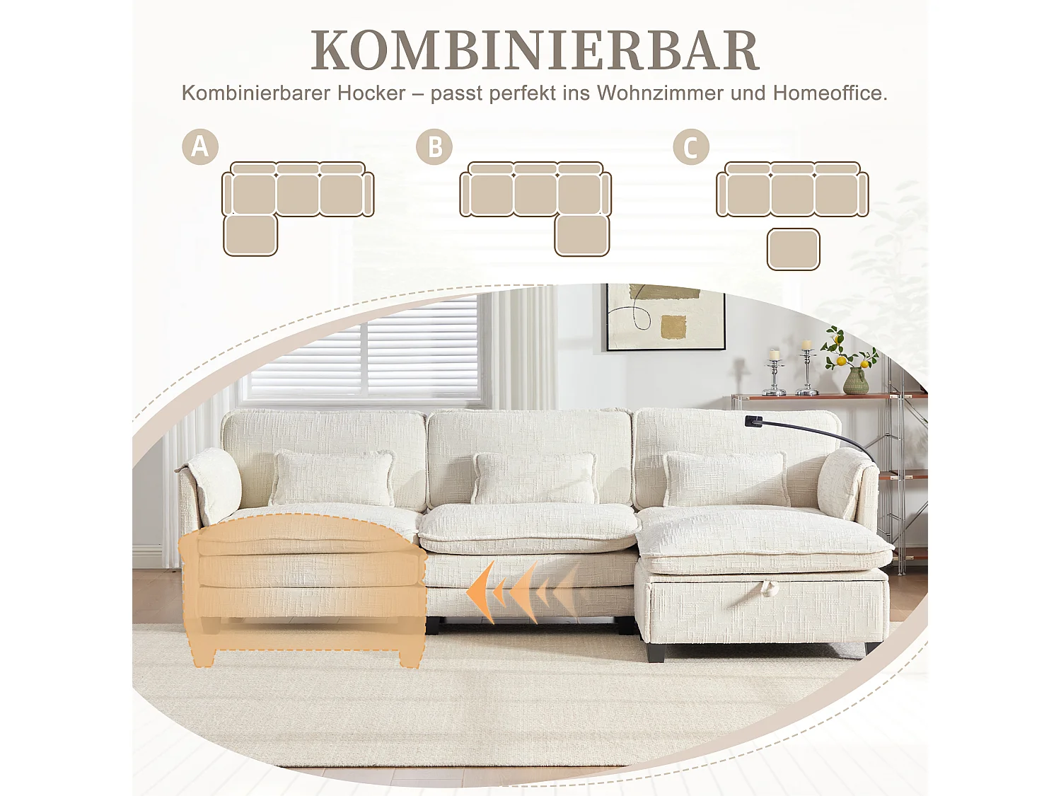 Divano moderno a 3 posti - 279 x 83 x 85 cm - con porta USB, tasca laterale e poggiapiedi con contenitore - velluto - beige