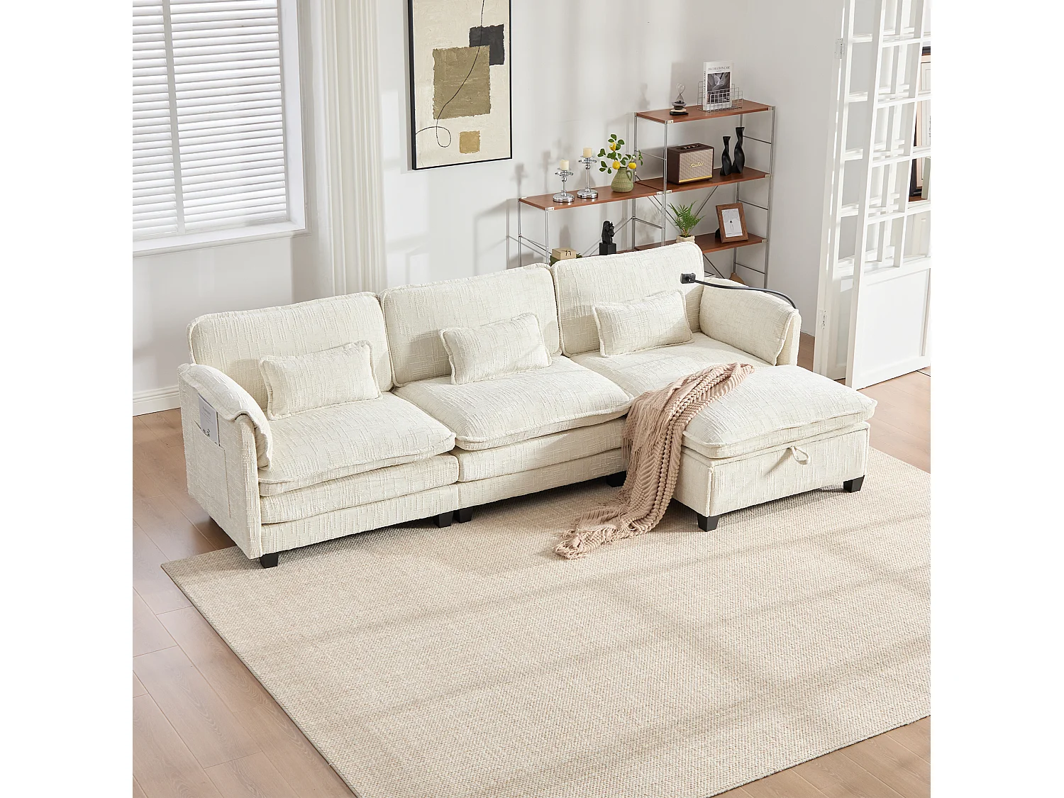 Canapé 3 places moderne - 279 x 83 x 85 cm - avec USB + poche latérale + repose-pieds avec rangement - velours - beige