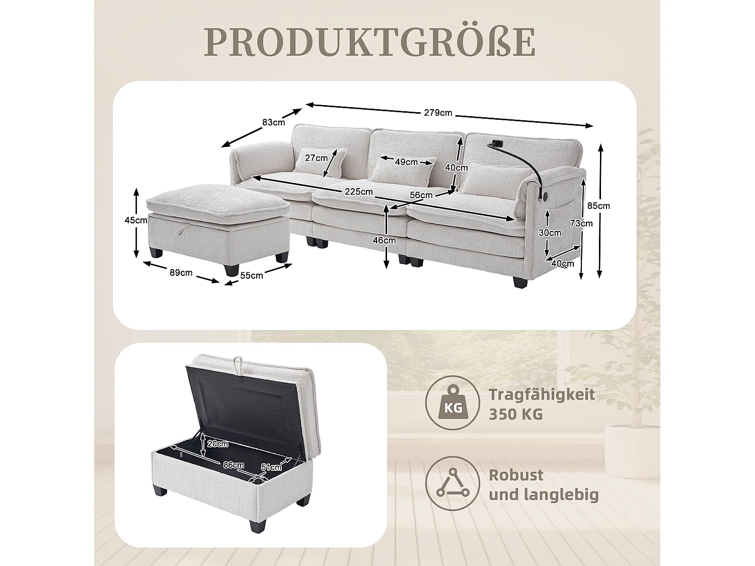 Canapé 3 places moderne - 279 x 83 x 85 cm - avec USB + poche latérale + repose-pieds avec rangement - velours - beige