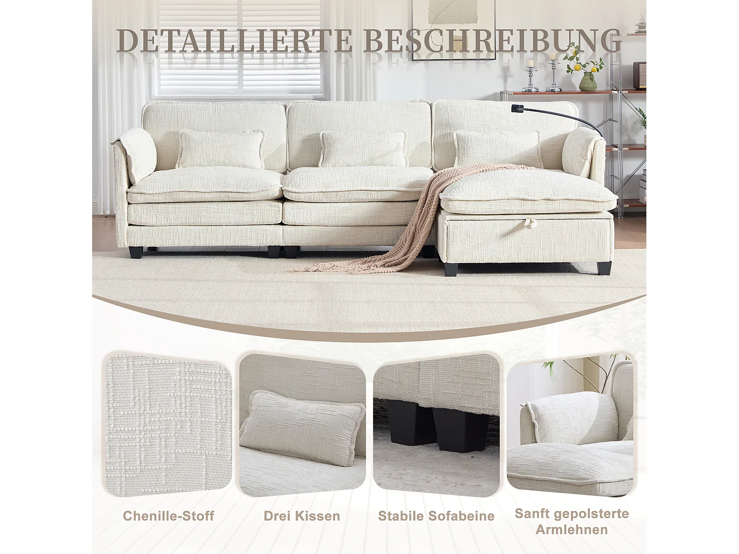 Canapé 3 places moderne - 279 x 83 x 85 cm - avec USB + poche latérale + repose-pieds avec rangement - velours - beige