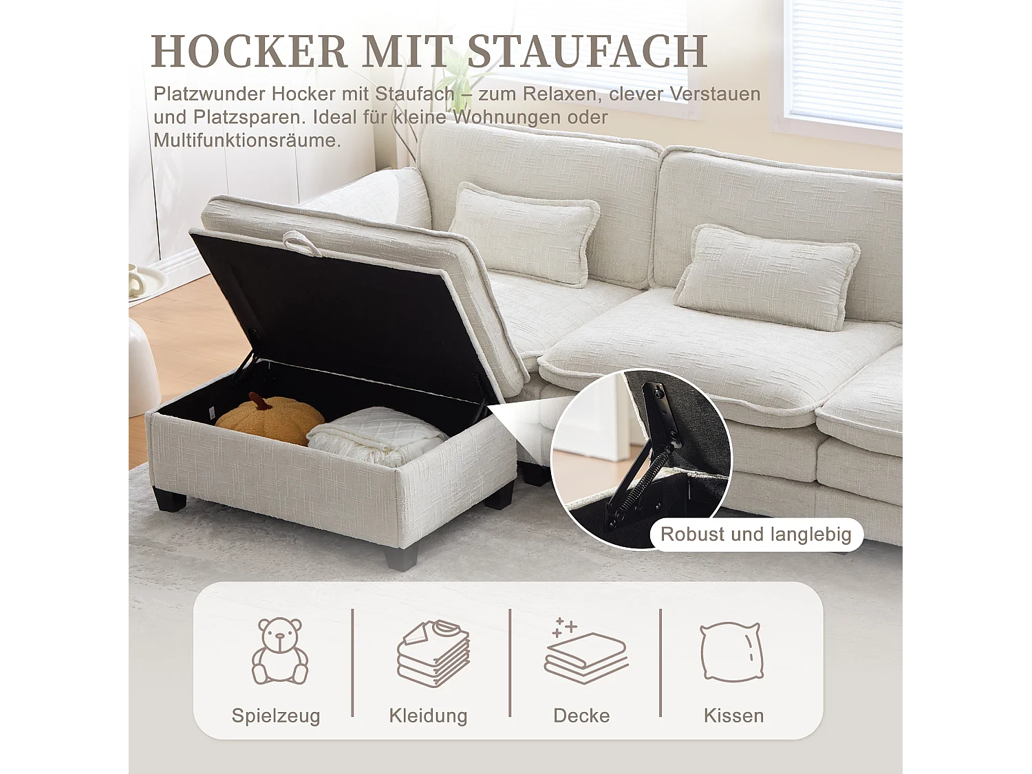 Canapé 3 places moderne - 279 x 83 x 85 cm - avec USB + poche latérale + repose-pieds avec rangement - velours - beige