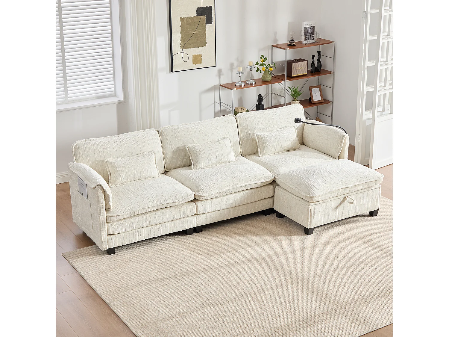 Canapé 3 places moderne - 279 x 83 x 85 cm - avec USB + poche latérale + repose-pieds avec rangement - velours - beige