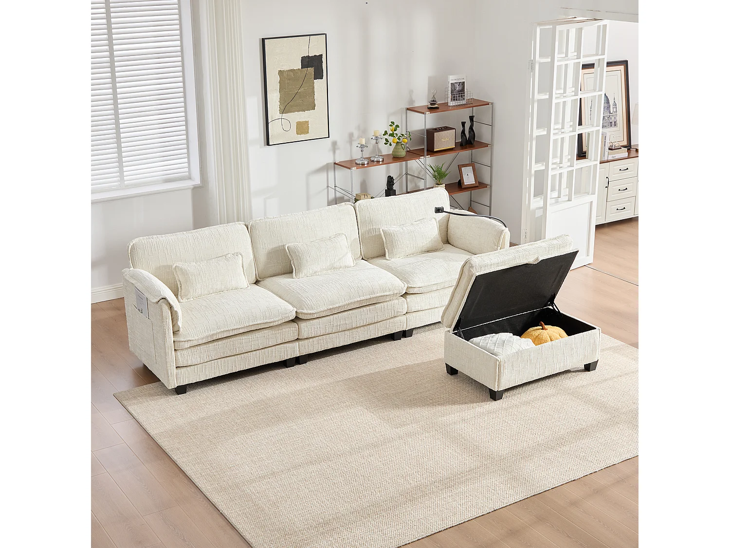Canapé 3 places moderne - 279 x 83 x 85 cm - avec USB + poche latérale + repose-pieds avec rangement - velours - beige