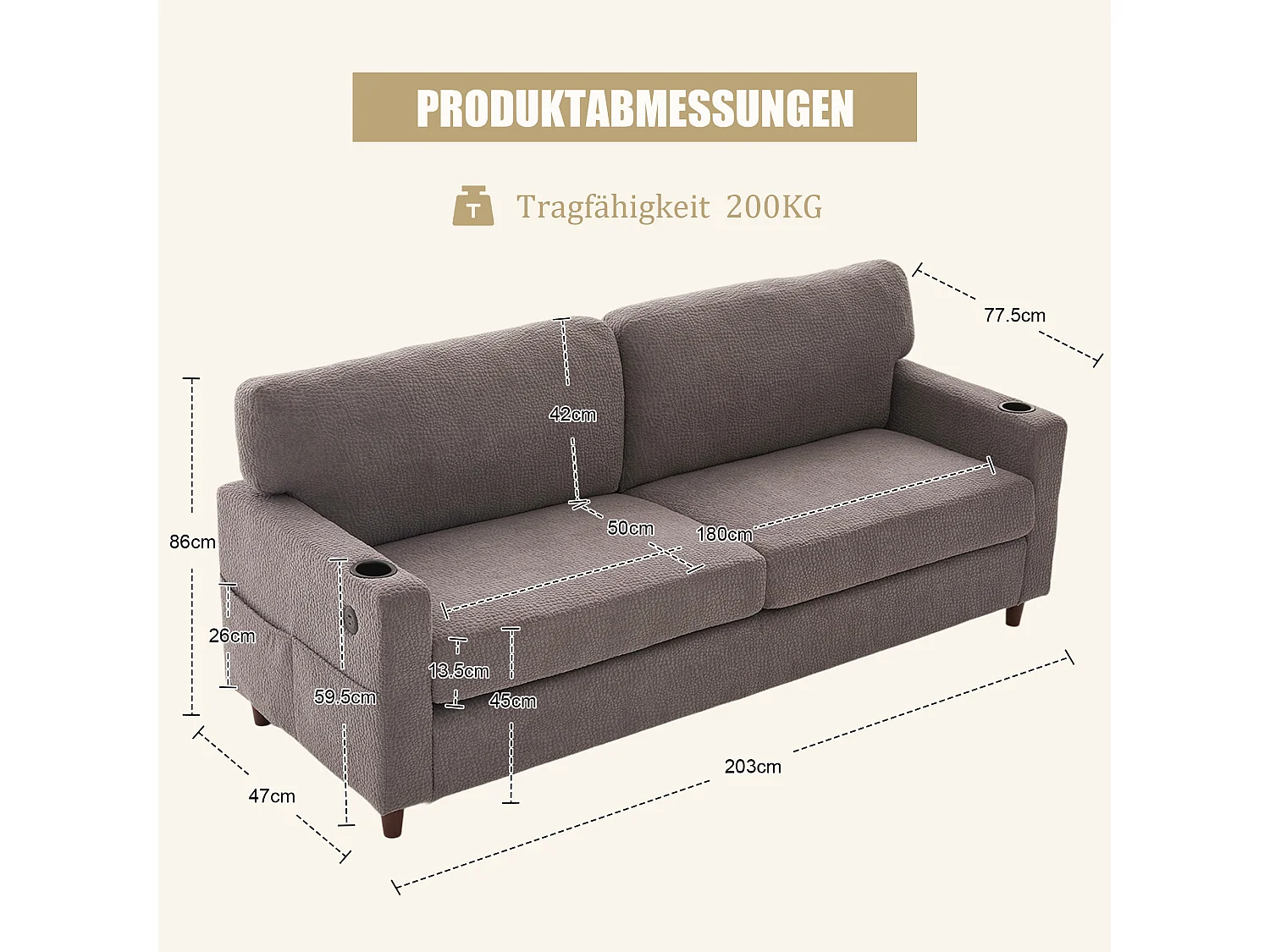 Canapé 2 places moderne - 203 x 77.5 x 85 cm - avec USB-C + Leds + porte-gobelets et poches latérales - velours - gris clair