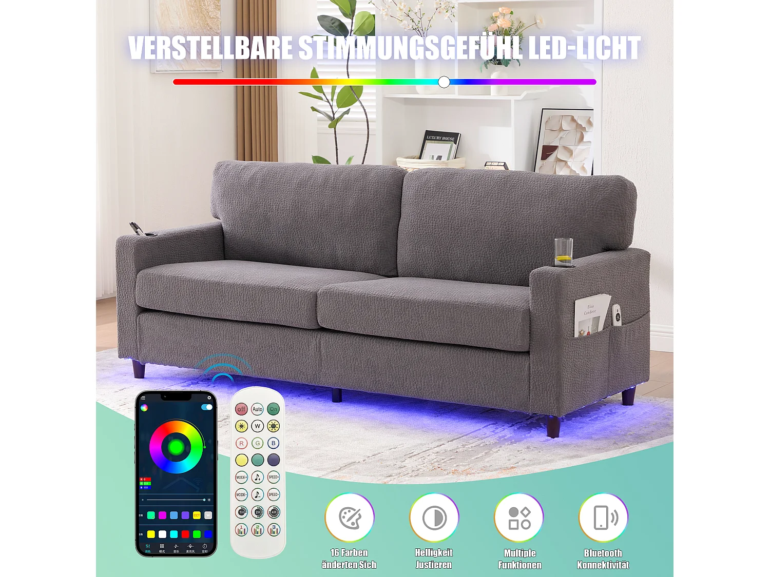 Canapé 2 places moderne - 203 x 77.5 x 85 cm - avec USB-C + Leds + porte-gobelets et poches latérales - velours - gris clair