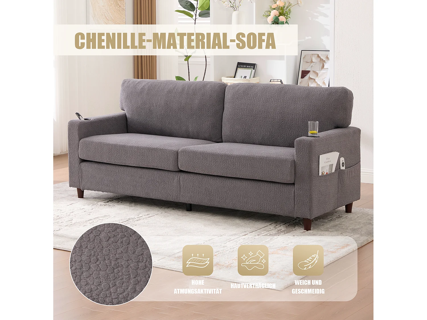 Canapé 2 places moderne - 203 x 77.5 x 85 cm - avec USB-C + Leds + porte-gobelets et poches latérales - velours - gris clair