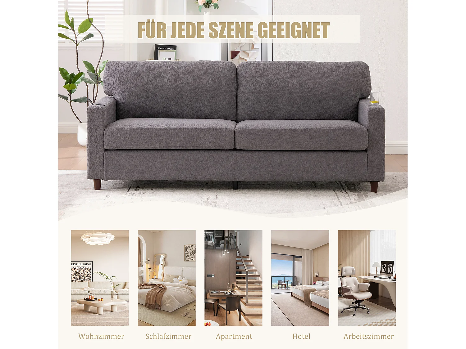 Modernes 2-Sitzer-Sofa – 203 x 77,5 x 85 cm – mit USB-C-Anschluss, LED-Beleuchtung, Getränkehaltern und Seitentaschen – Samt – hellgrau