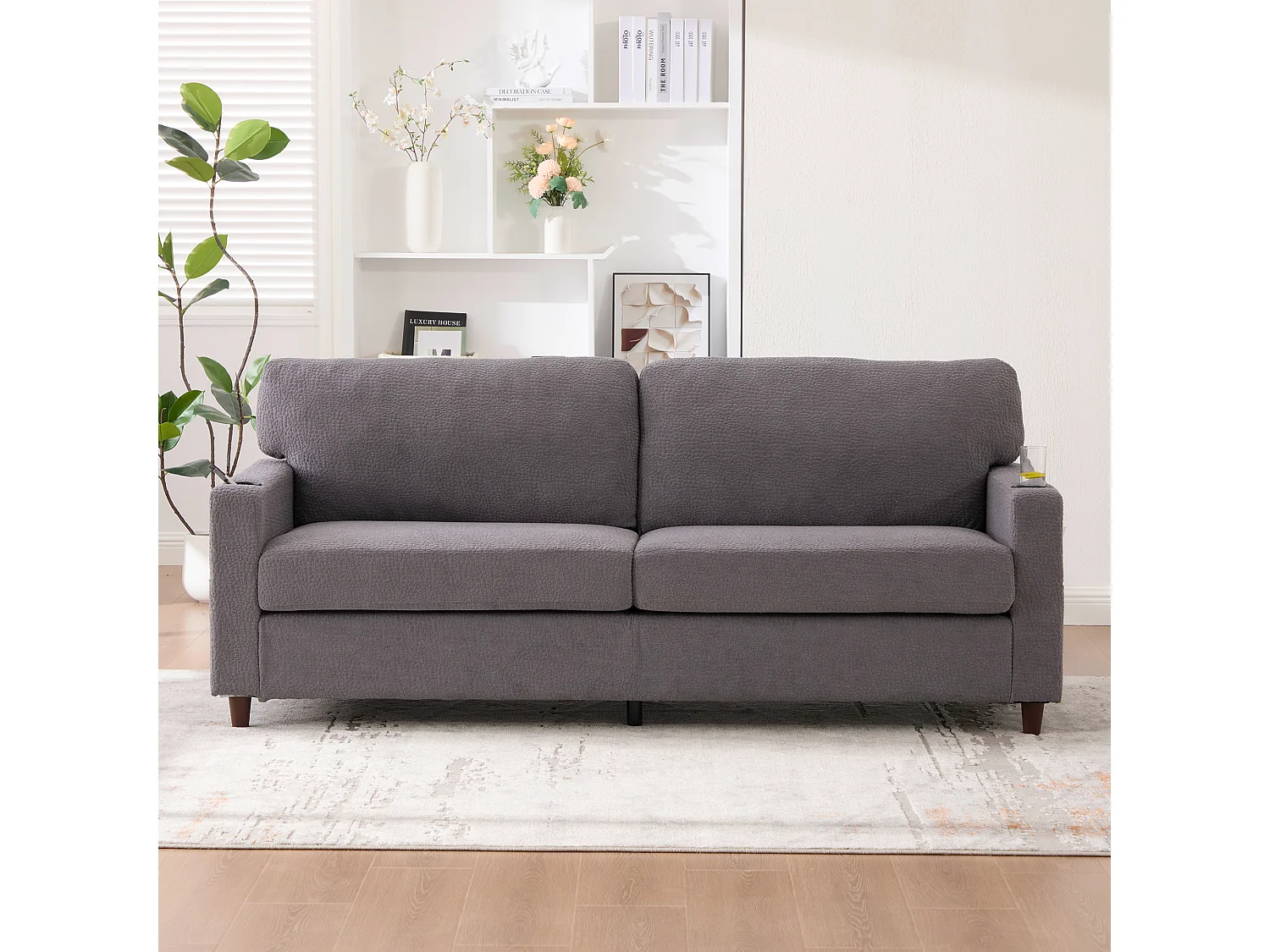 Modernes 2-Sitzer-Sofa – 203 x 77,5 x 85 cm – mit USB-C-Anschluss, LED-Beleuchtung, Getränkehaltern und Seitentaschen – Samt – hellgrau