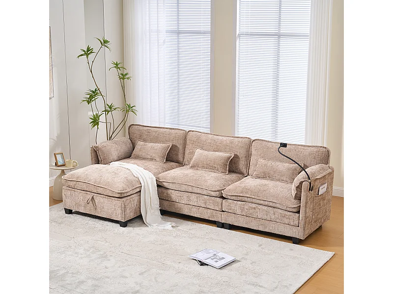 Canapé 3 places moderne - 279 x 83 x 85 cm - avec USB + poche latérale + repose-pieds avec rangement - velours - kaki