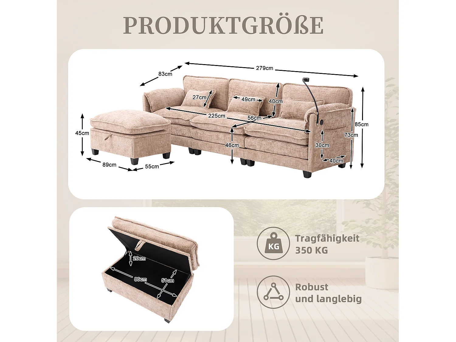 Canapé 3 places moderne - 279 x 83 x 85 cm - avec USB + poche latérale + repose-pieds avec rangement - velours - kaki