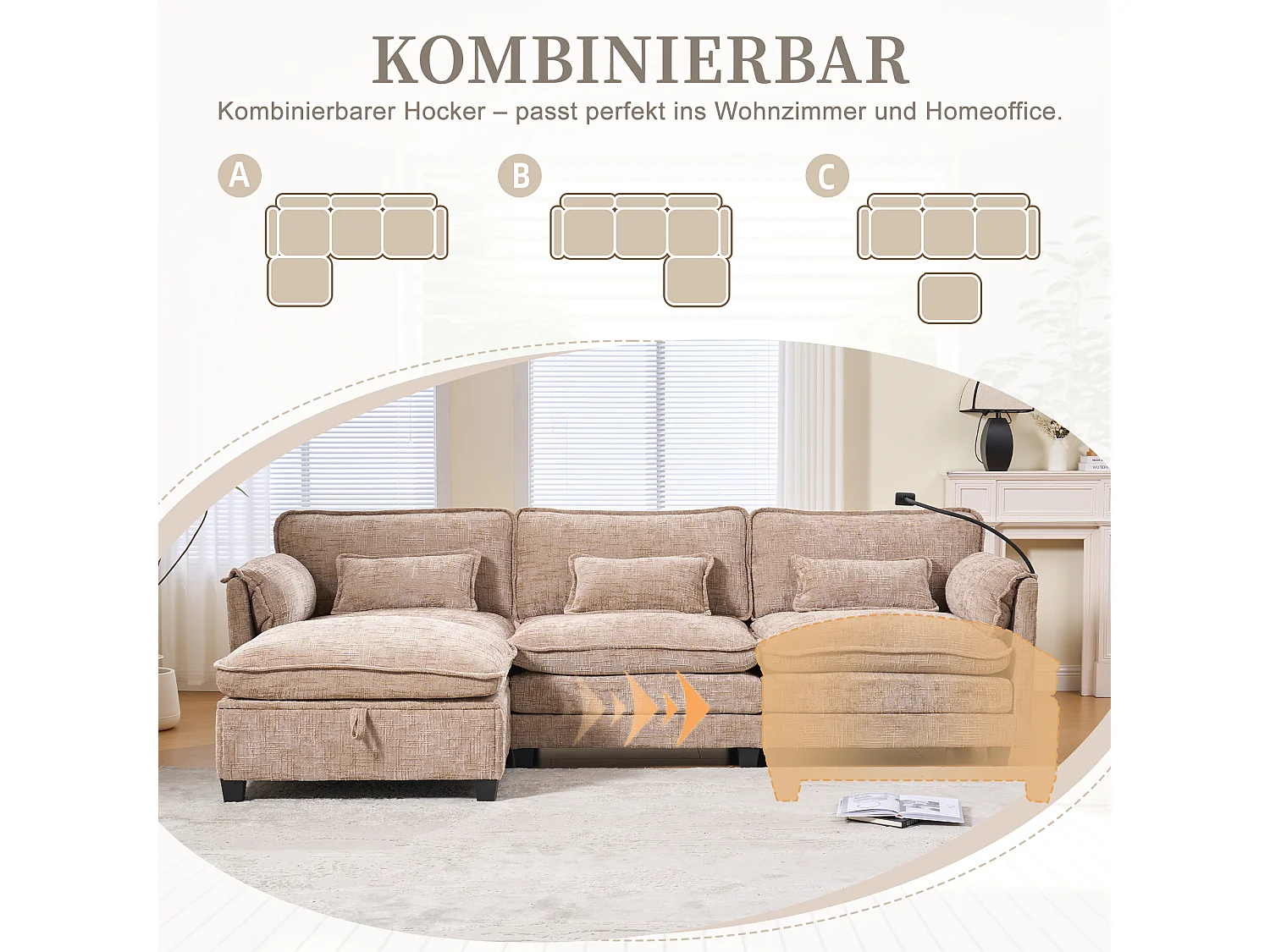 Canapé 3 places moderne - 279 x 83 x 85 cm - avec USB + poche latérale + repose-pieds avec rangement - velours - kaki