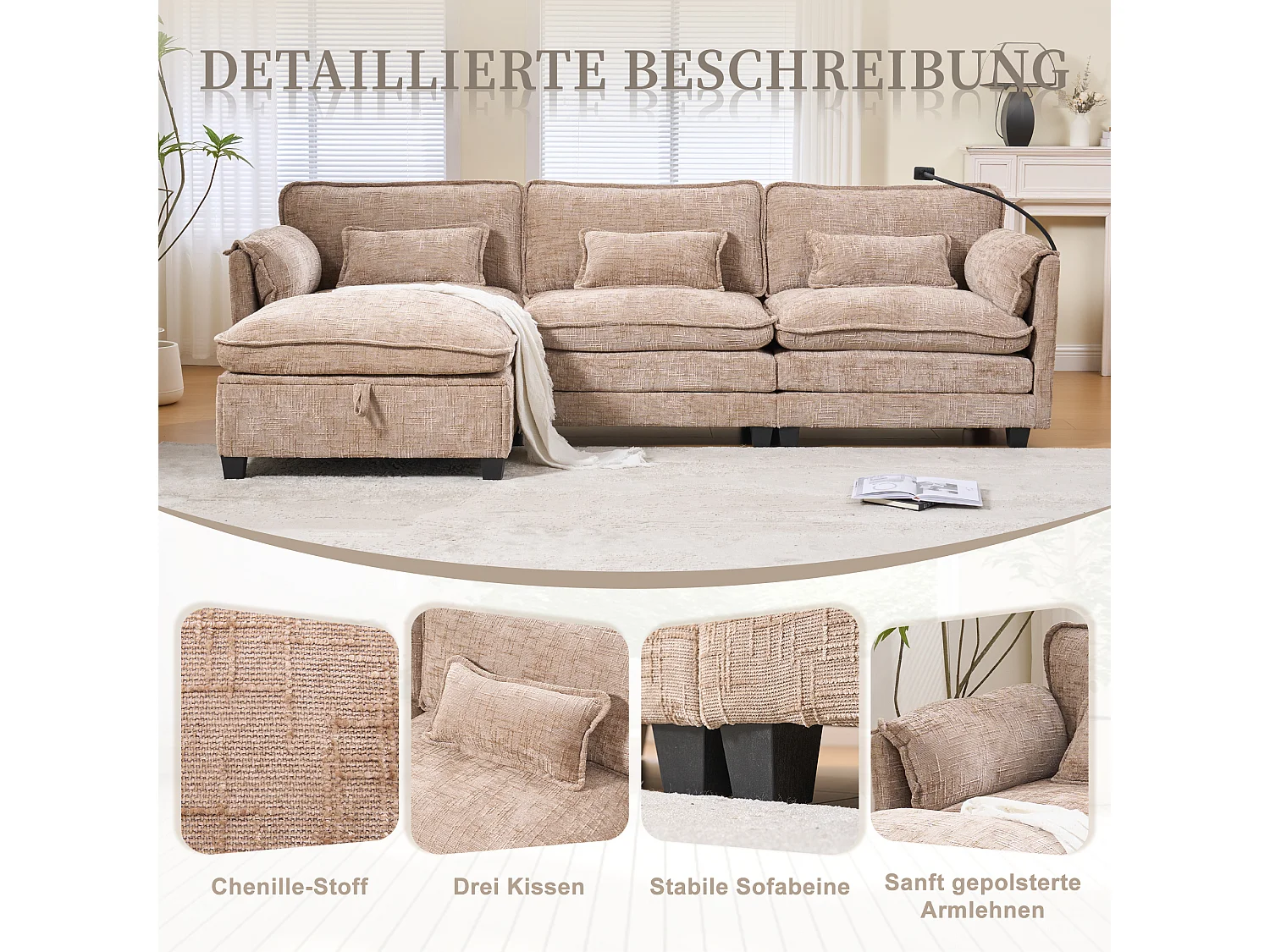 Canapé 3 places moderne - 279 x 83 x 85 cm - avec USB + poche latérale + repose-pieds avec rangement - velours - kaki