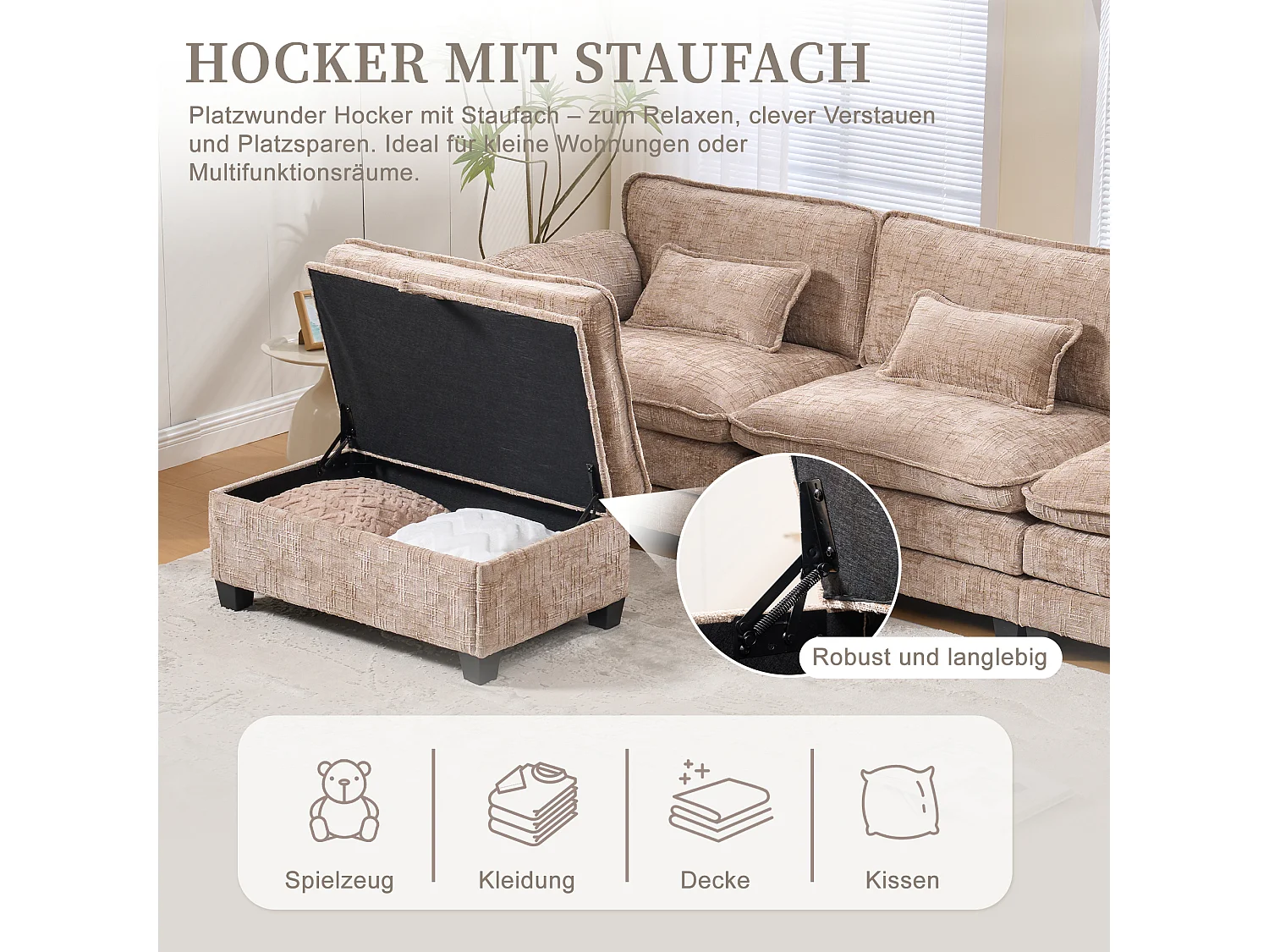 Canapé 3 places moderne - 279 x 83 x 85 cm - avec USB + poche latérale + repose-pieds avec rangement - velours - kaki