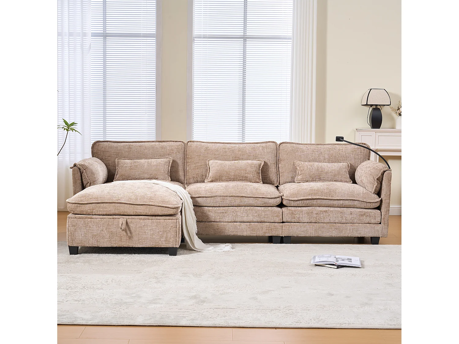 Canapé 3 places moderne - 279 x 83 x 85 cm - avec USB + poche latérale + repose-pieds avec rangement - velours - kaki