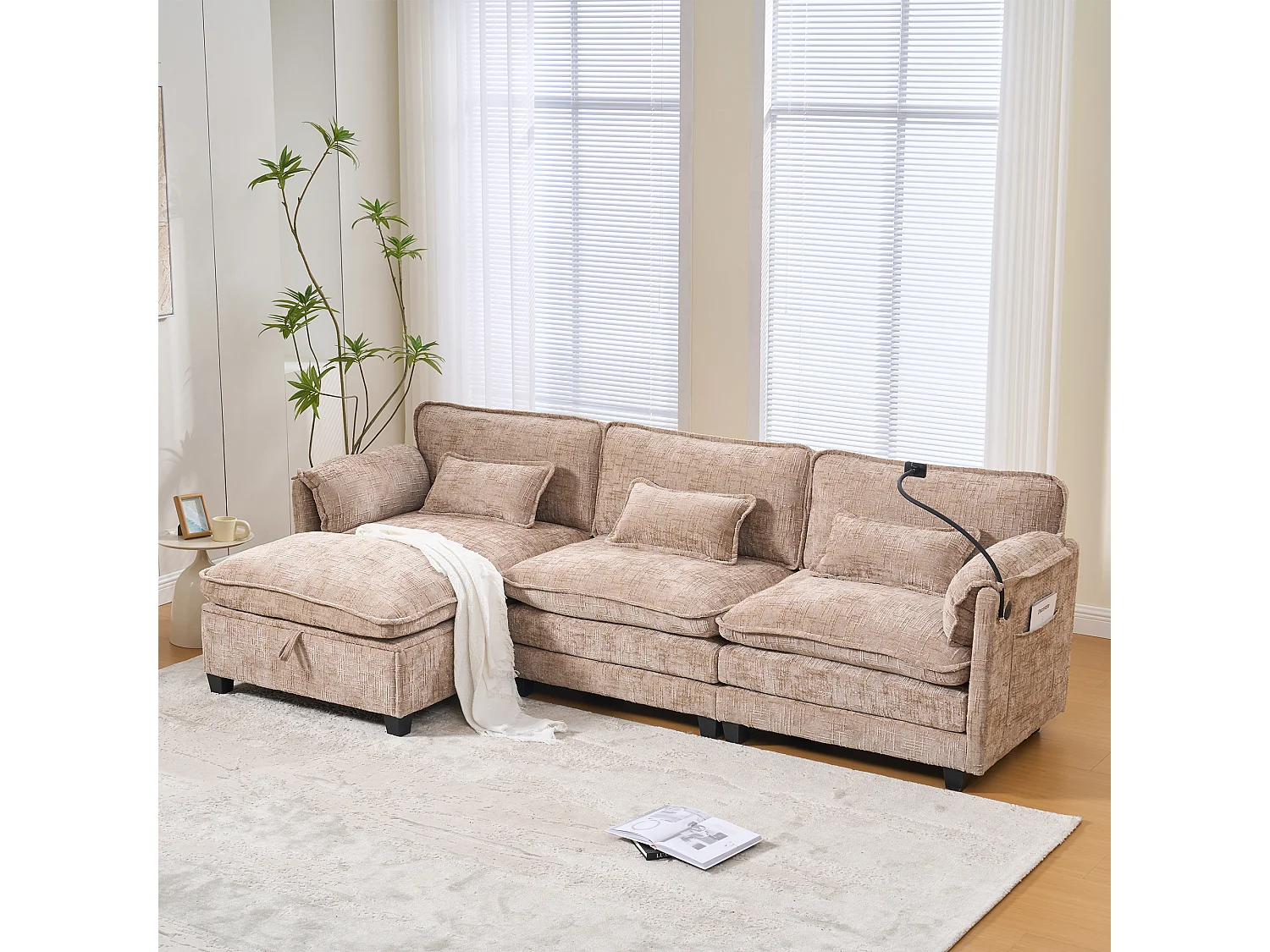 Divano moderno a 3 posti - 279 x 83 x 85 cm - con porta USB, tasca laterale e poggiapiedi con contenitore - velluto - kaki