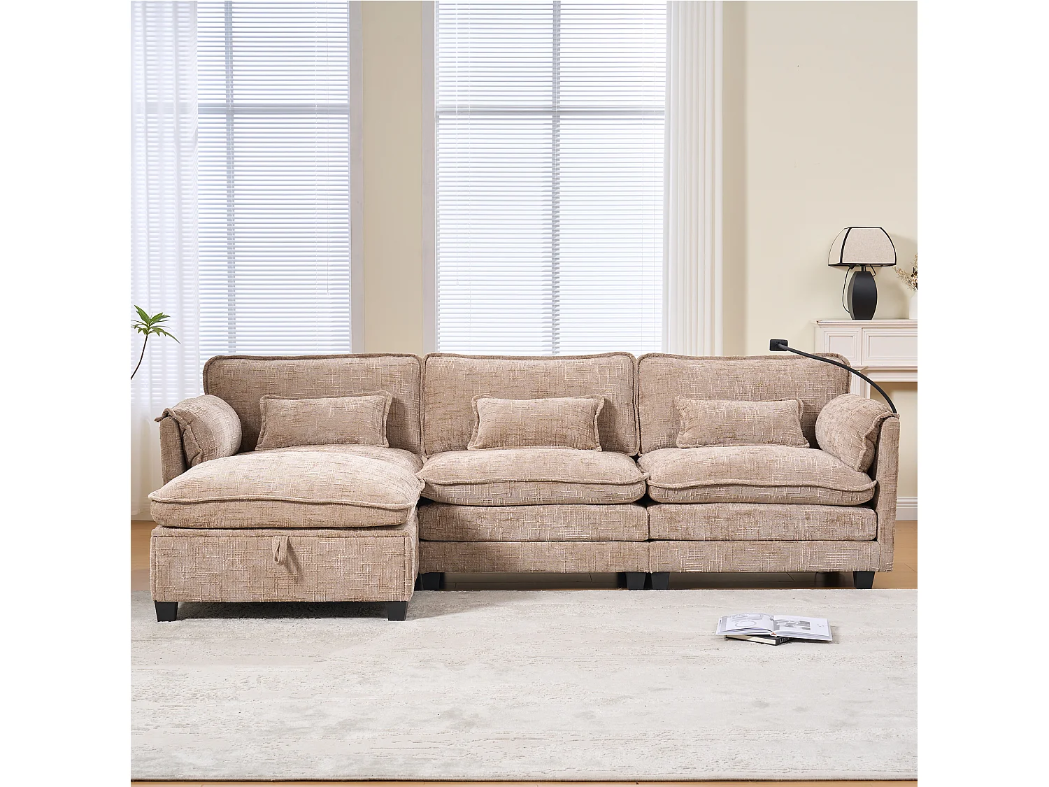 Divano moderno a 3 posti - 279 x 83 x 85 cm - con porta USB, tasca laterale e poggiapiedi con contenitore - velluto - kaki