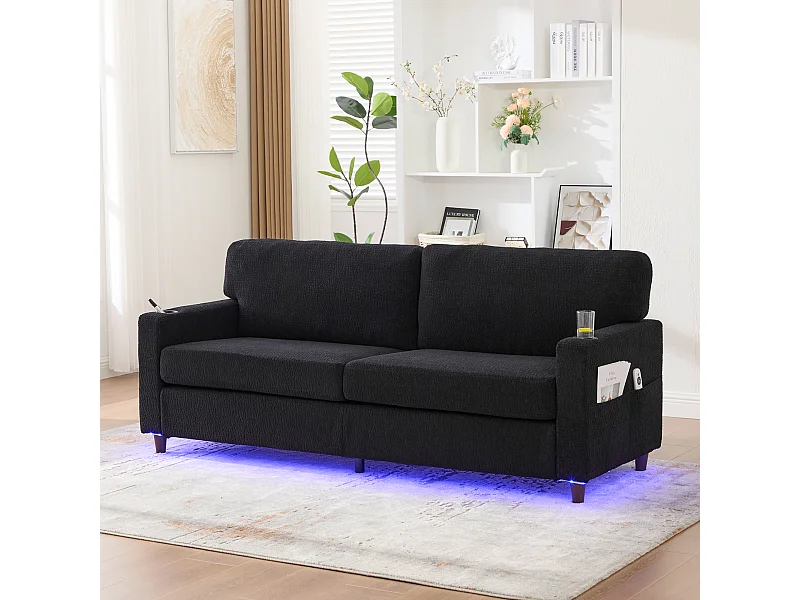 Canapé 2 places moderne - 203 x 77.5 x 85 cm - avec USB-C + Leds + porte-gobelets et poches latérales - velours - noir