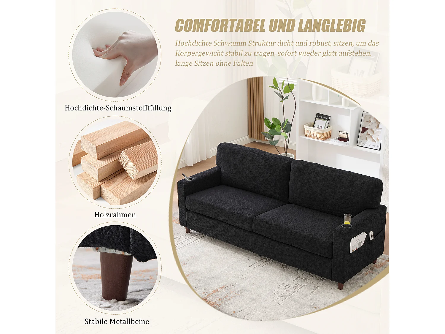 Canapé 2 places moderne - 203 x 77.5 x 85 cm - avec USB-C + Leds + porte-gobelets et poches latérales - velours - noir