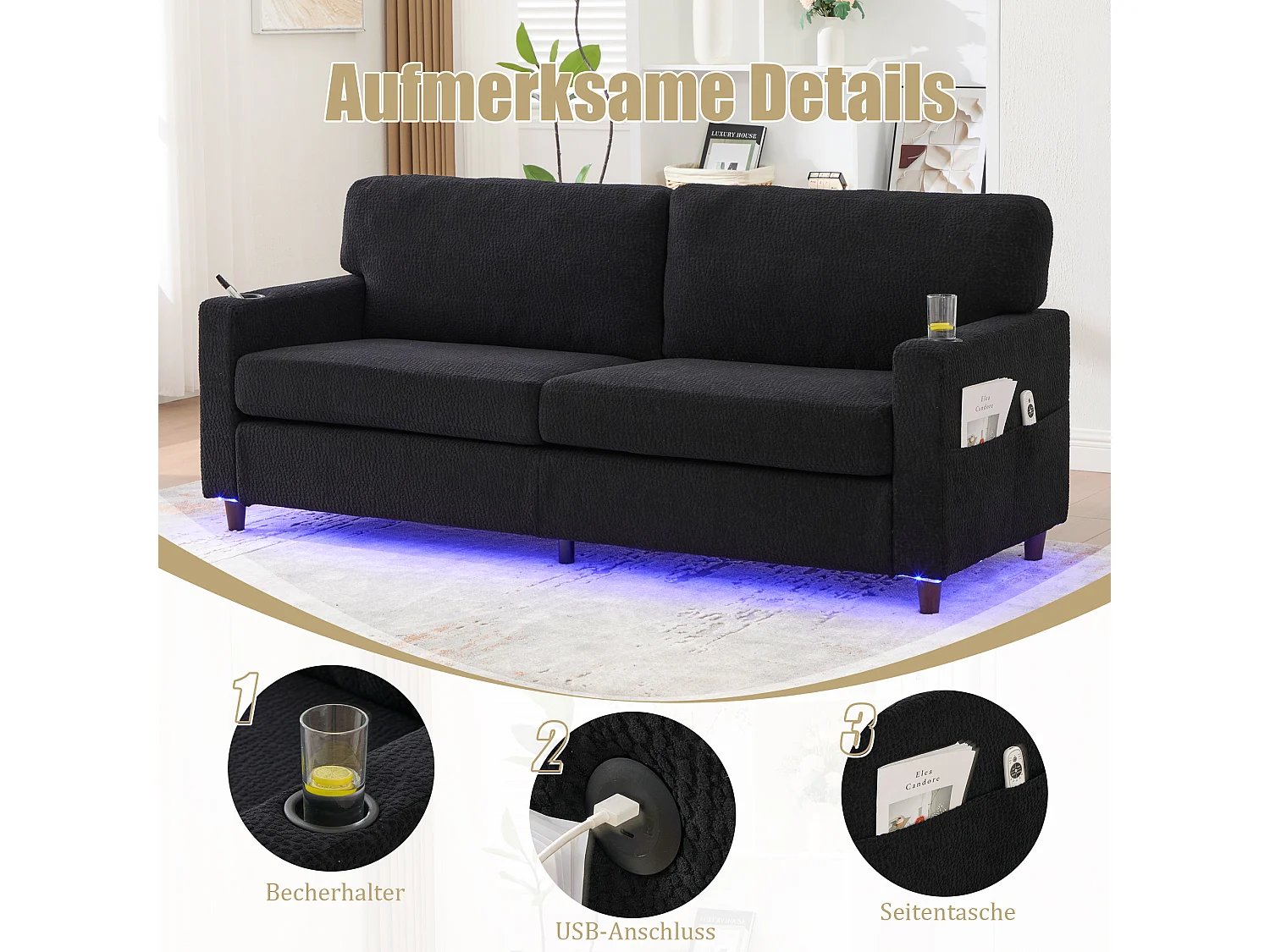 Canapé 2 places moderne - 203 x 77.5 x 85 cm - avec USB-C + Leds + porte-gobelets et poches latérales - velours - noir