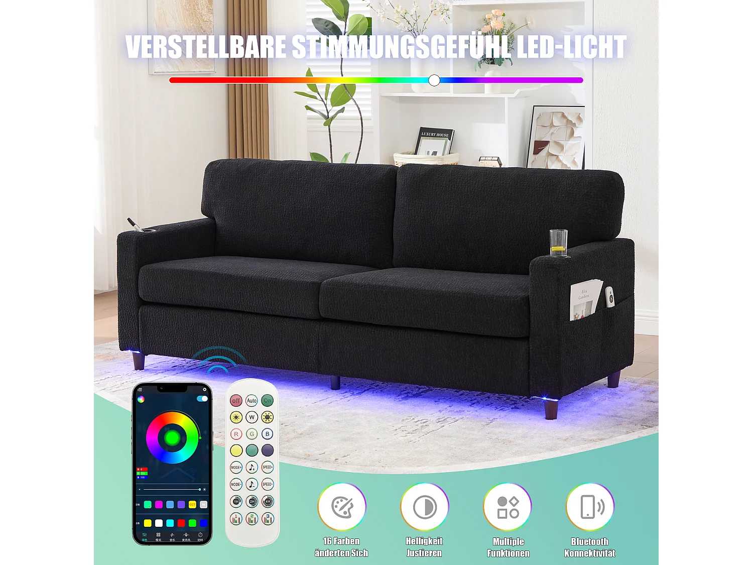 Canapé 2 places moderne - 203 x 77.5 x 85 cm - avec USB-C + Leds + porte-gobelets et poches latérales - velours - noir