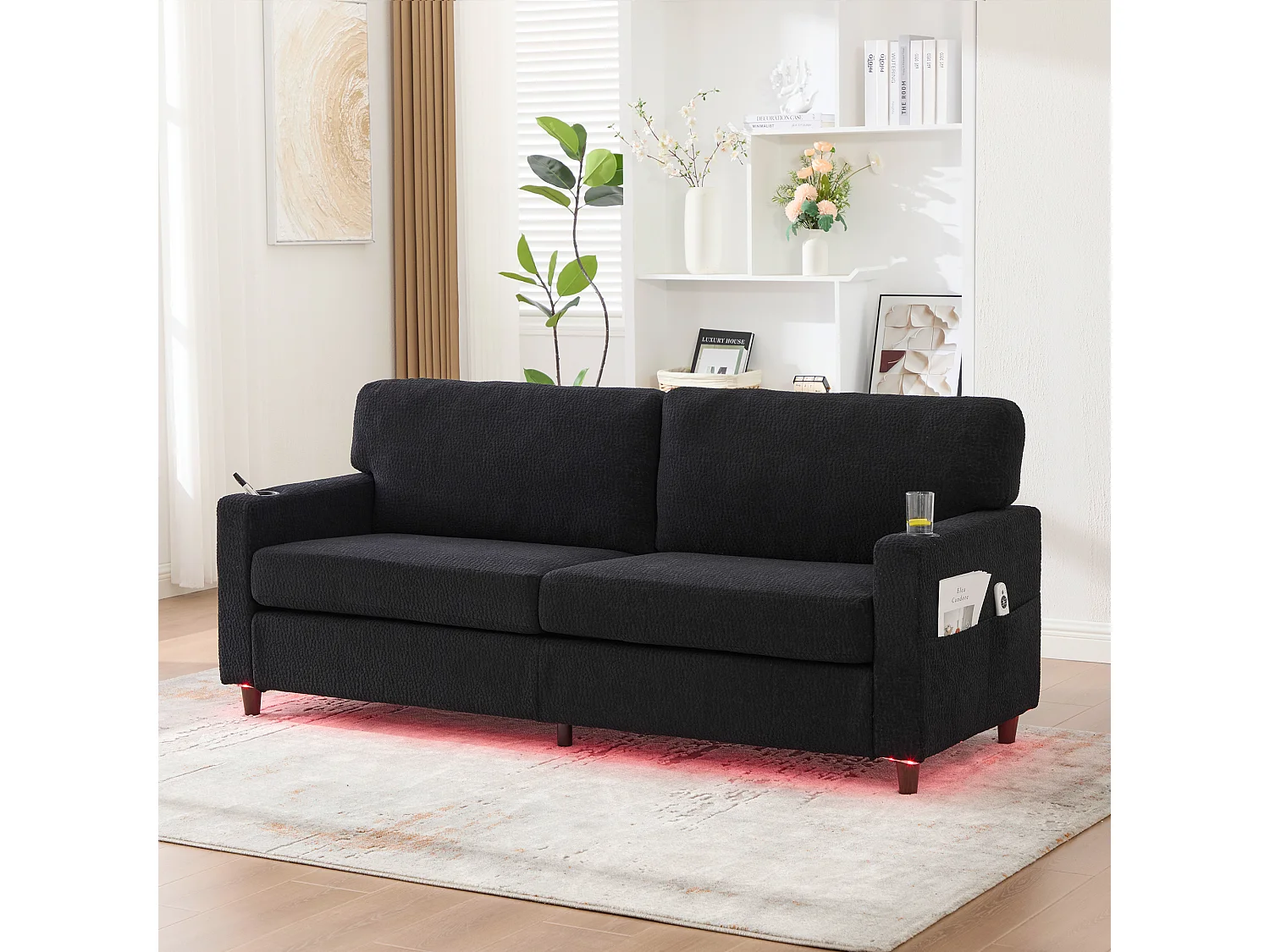 Canapé 2 places moderne - 203 x 77.5 x 85 cm - avec USB-C + Leds + porte-gobelets et poches latérales - velours - noir