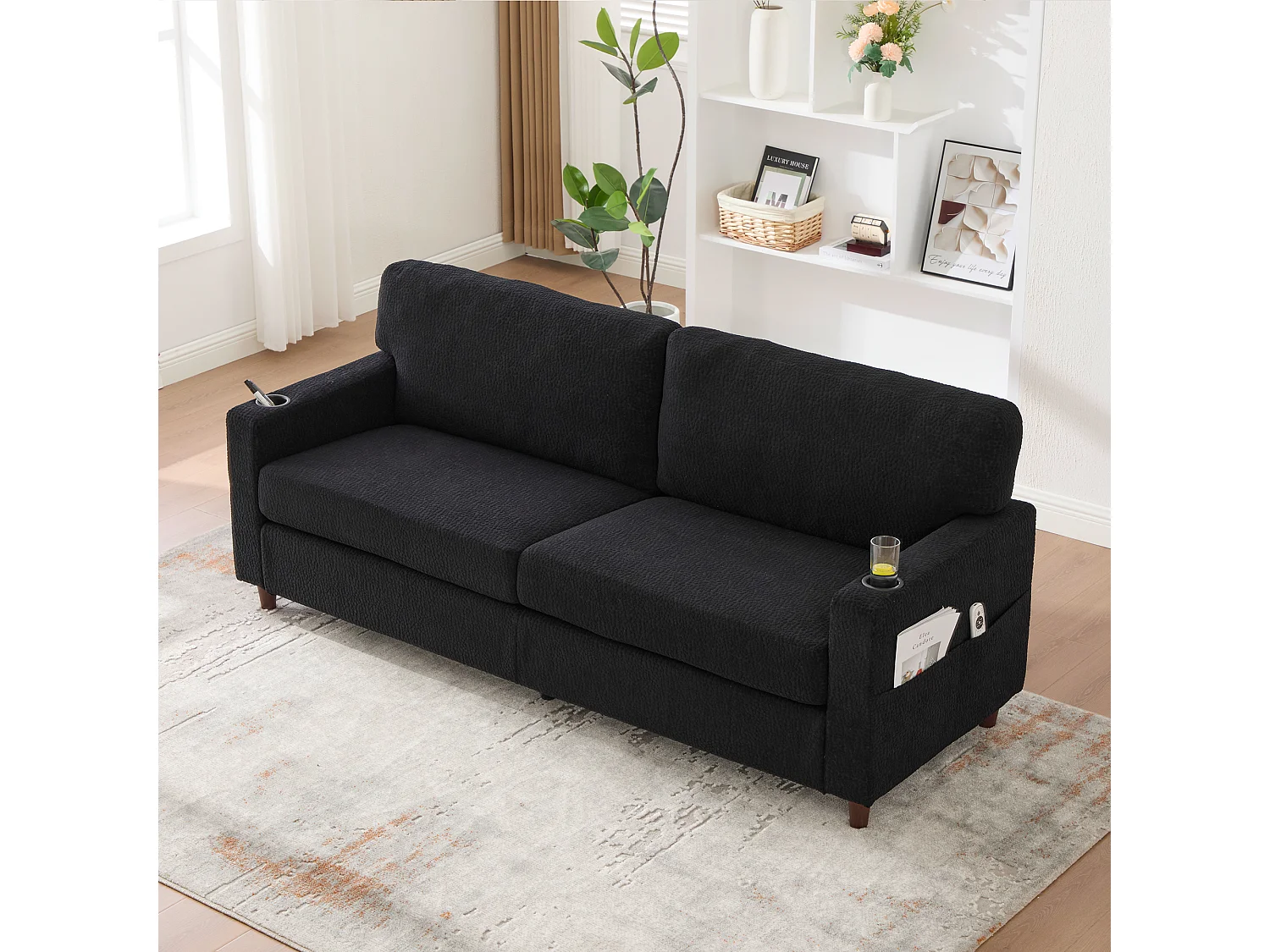 Canapé 2 places moderne - 203 x 77.5 x 85 cm - avec USB-C + Leds + porte-gobelets et poches latérales - velours - noir