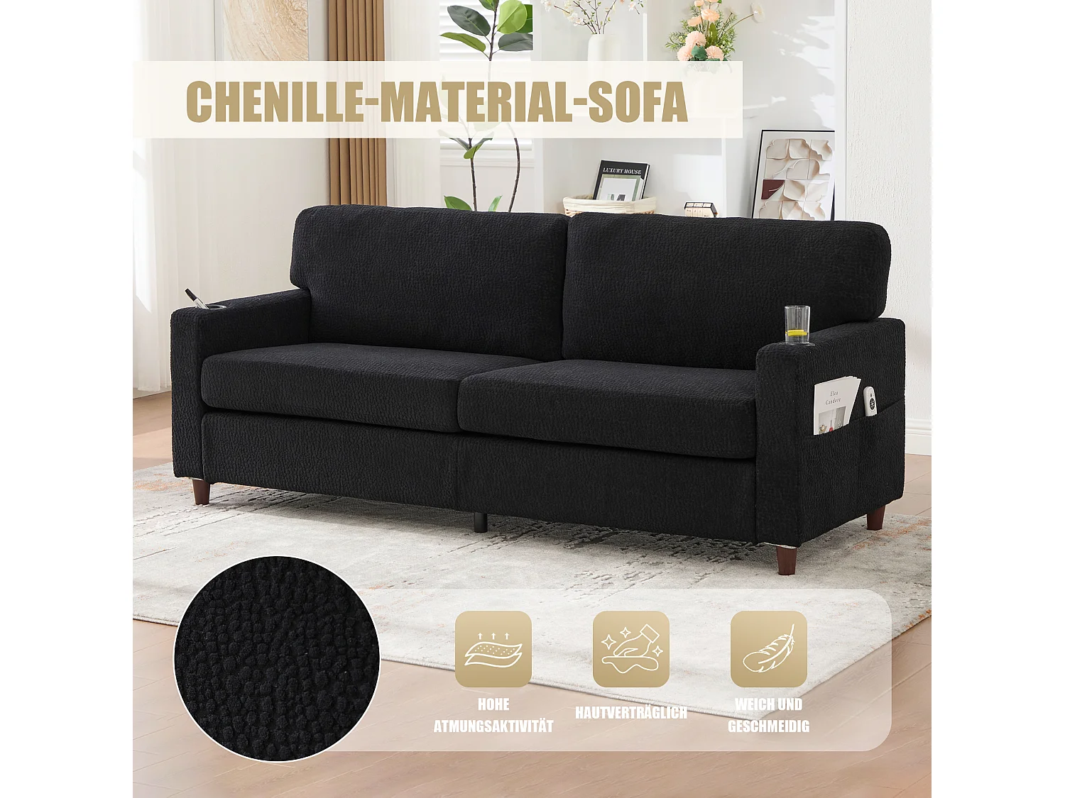 Modernes 2-Sitzer-Sofa – 203 x 77,5 x 85 cm – mit USB-C-Anschluss, LED-Beleuchtung, Getränkehaltern und Seitentaschen – Samt – schwarz