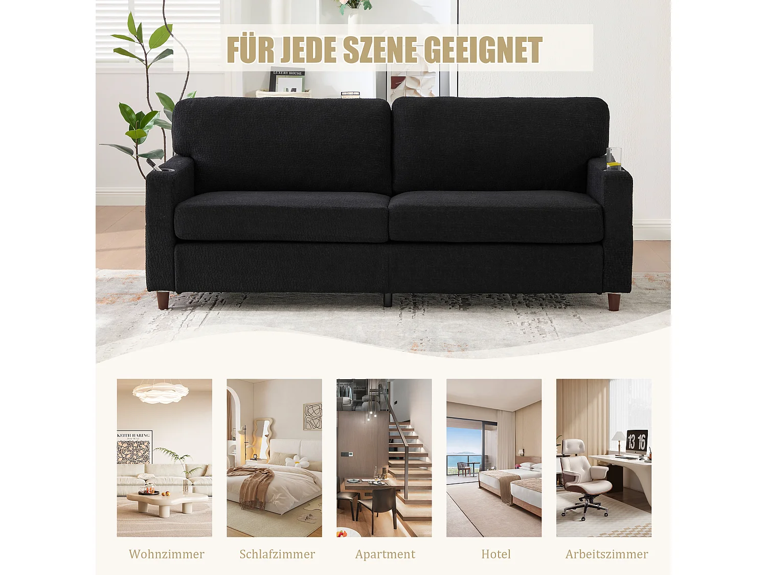 Modernes 2-Sitzer-Sofa – 203 x 77,5 x 85 cm – mit USB-C-Anschluss, LED-Beleuchtung, Getränkehaltern und Seitentaschen – Samt – schwarz