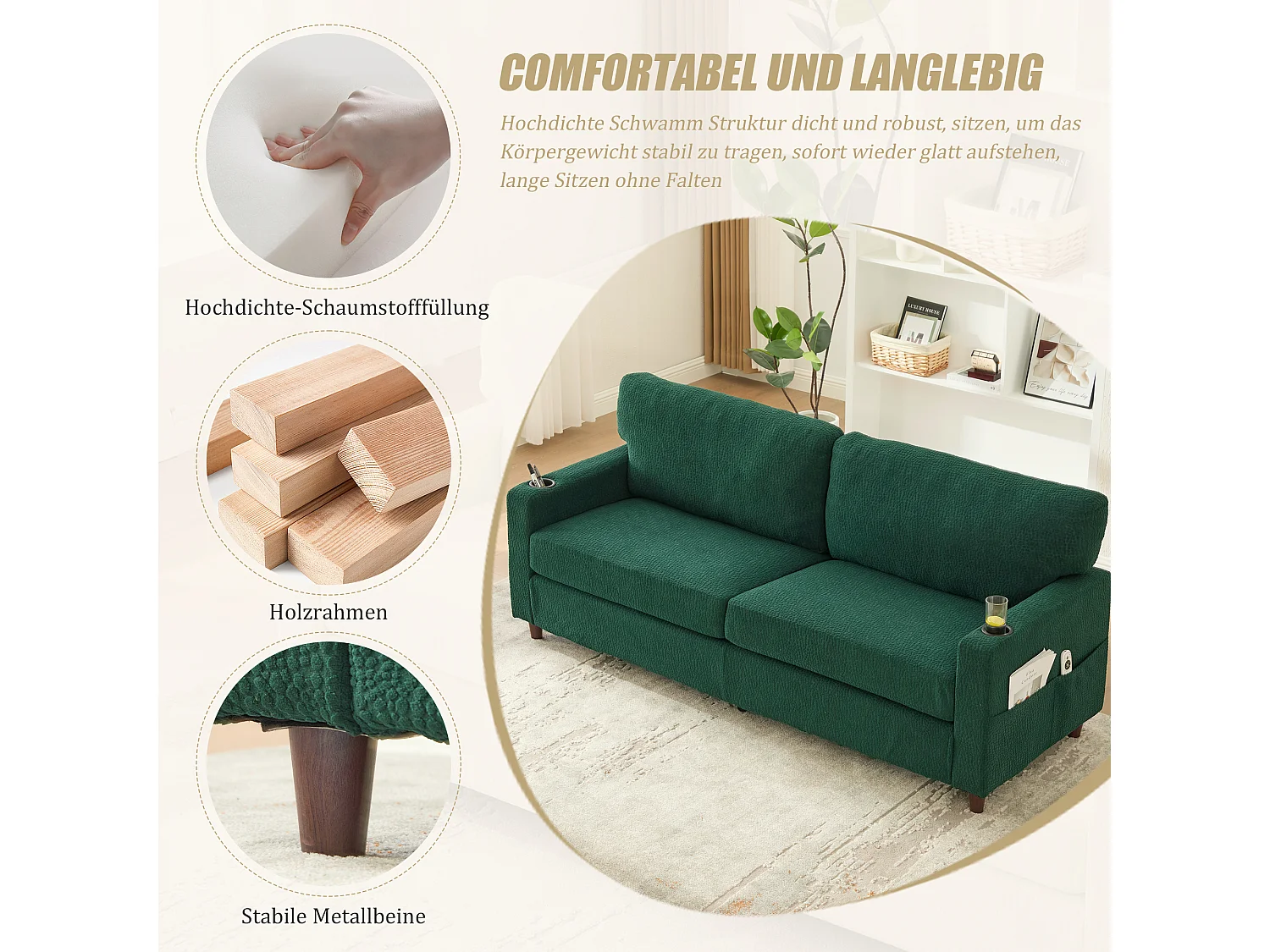 Canapé 2 places moderne - 203 x 77.5 x 85 cm - avec USB-C + Leds + porte-gobelets et poches latérales - velours - vert