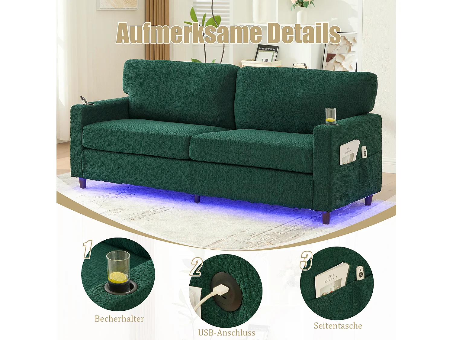 Canapé 2 places moderne - 203 x 77.5 x 85 cm - avec USB-C + Leds + porte-gobelets et poches latérales - velours - vert