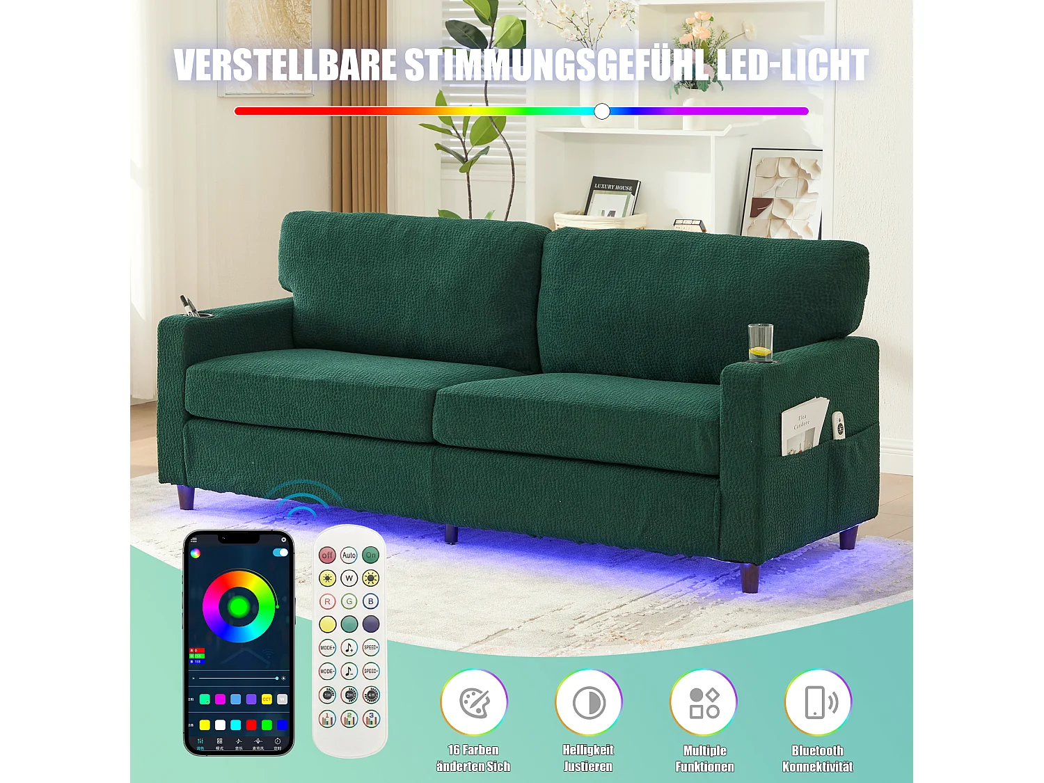 Canapé 2 places moderne - 203 x 77.5 x 85 cm - avec USB-C + Leds + porte-gobelets et poches latérales - velours - vert