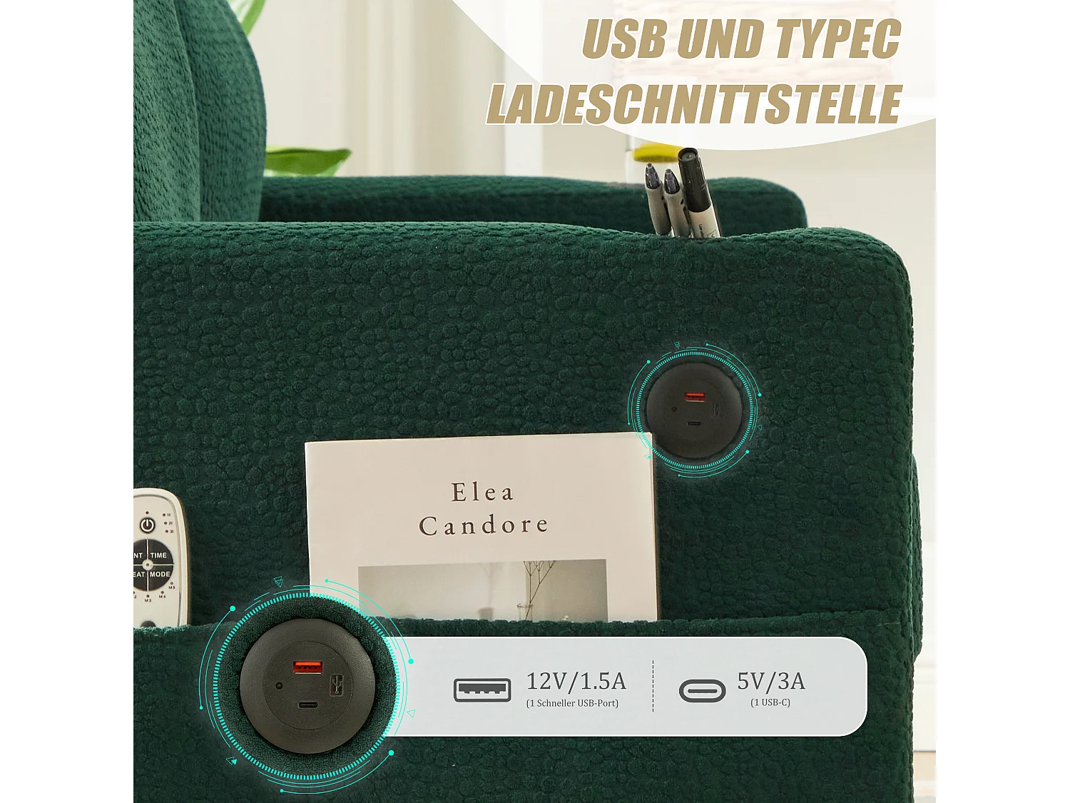 Canapé 2 places moderne - 203 x 77.5 x 85 cm - avec USB-C + Leds + porte-gobelets et poches latérales - velours - vert