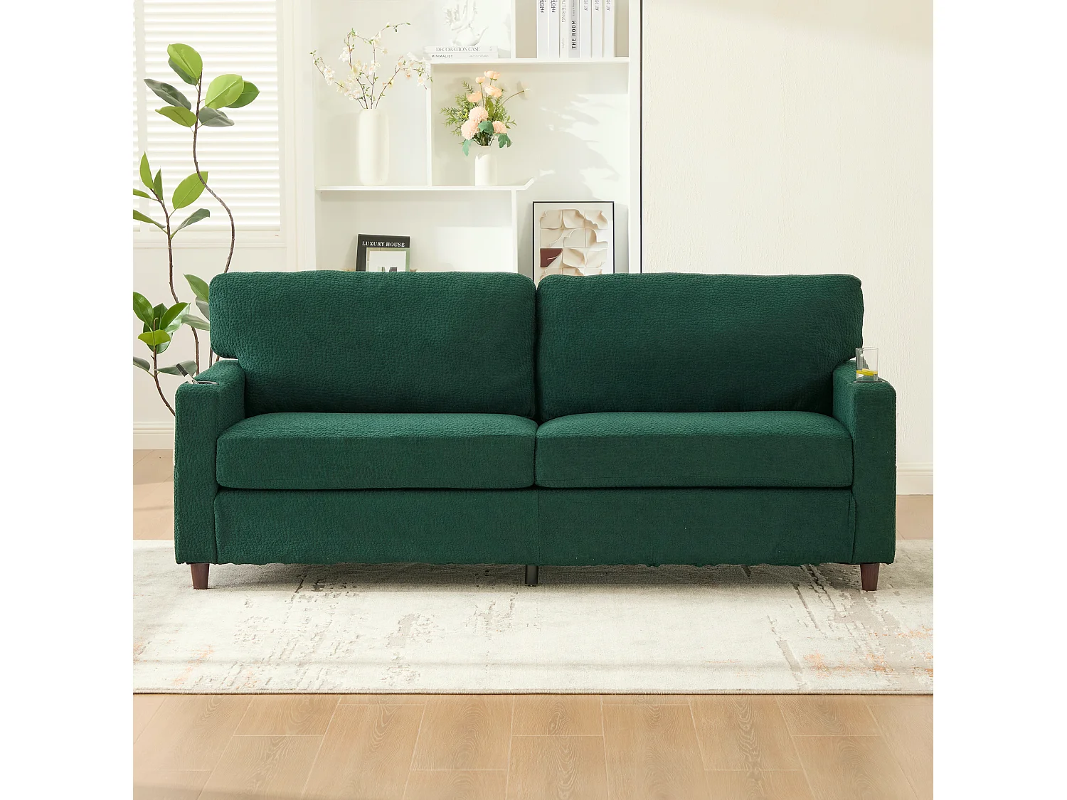 Canapé 2 places moderne - 203 x 77.5 x 85 cm - avec USB-C + Leds + porte-gobelets et poches latérales - velours - vert