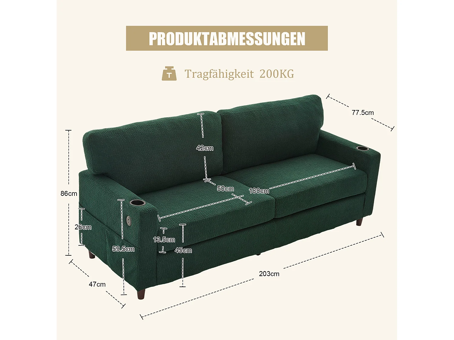 Modernes 2-Sitzer-Sofa – 203 x 77,5 x 85 cm – mit USB-C-Anschluss, LED-Beleuchtung, Getränkehaltern und Seitentaschen – Samt – grün
