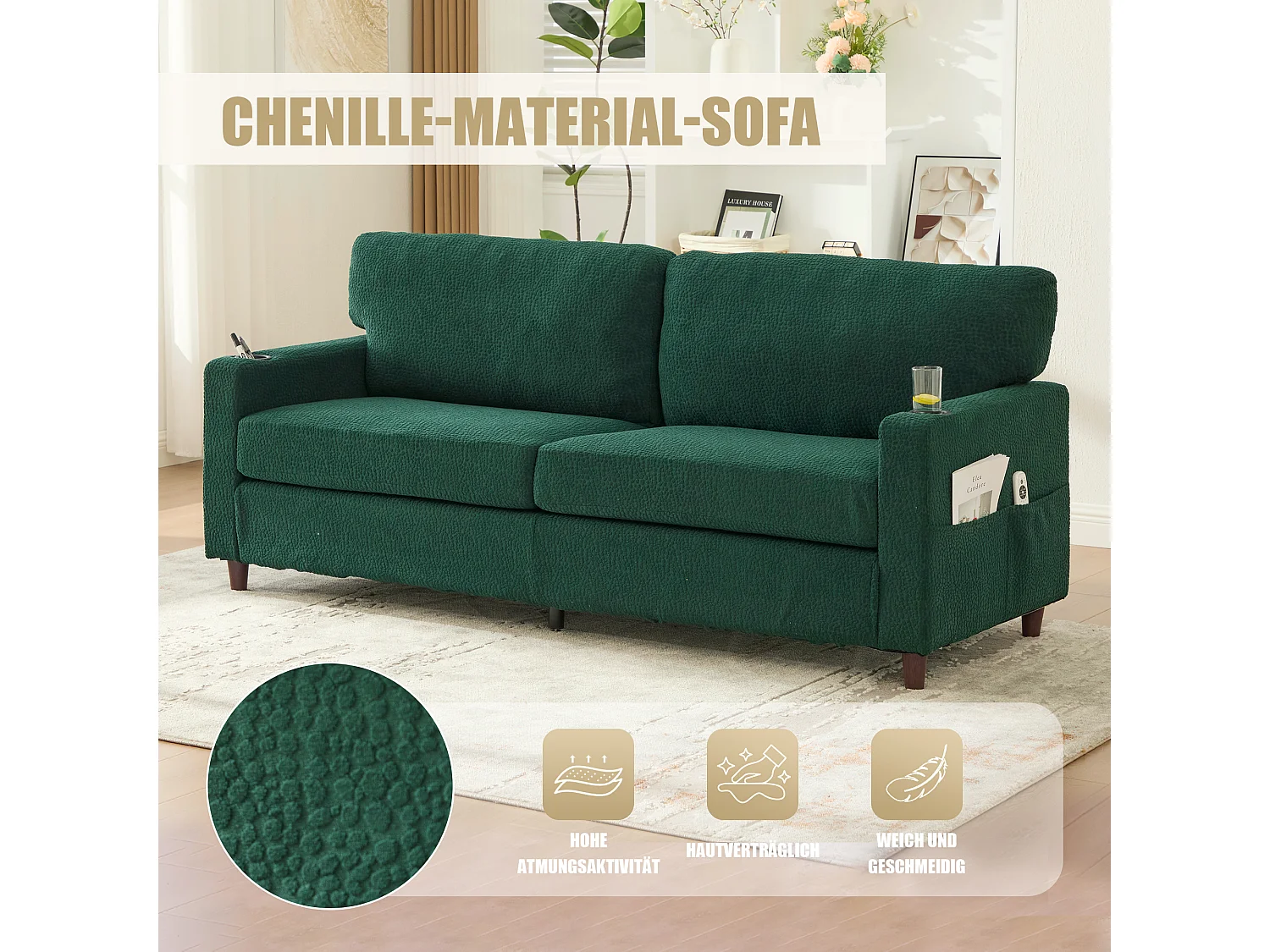 Modernes 2-Sitzer-Sofa – 203 x 77,5 x 85 cm – mit USB-C-Anschluss, LED-Beleuchtung, Getränkehaltern und Seitentaschen – Samt – grün