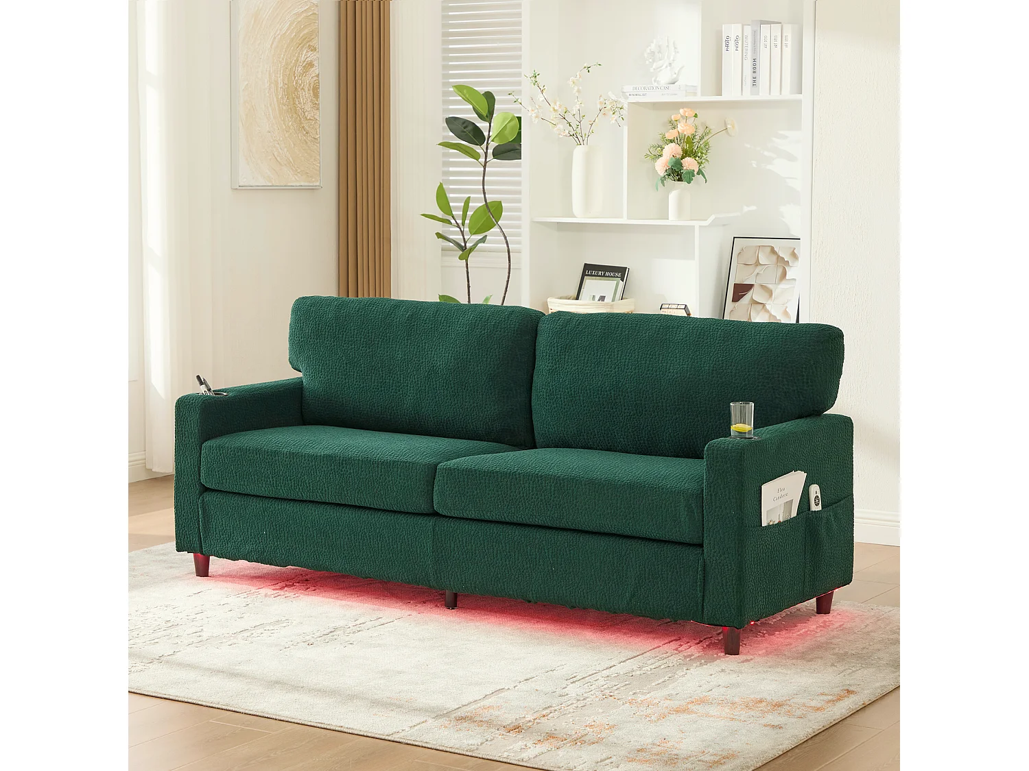 Modernes 2-Sitzer-Sofa – 203 x 77,5 x 85 cm – mit USB-C-Anschluss, LED-Beleuchtung, Getränkehaltern und Seitentaschen – Samt – grün