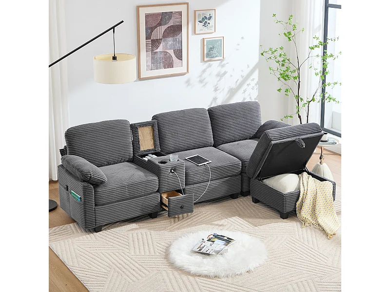 Divano moderno a 3 posti - 266 x 136 x 82 cm - con 2 portabicchieri + porta USB-C + cassetto + pouf contenitore rimovibile - velluto - grigio scuro