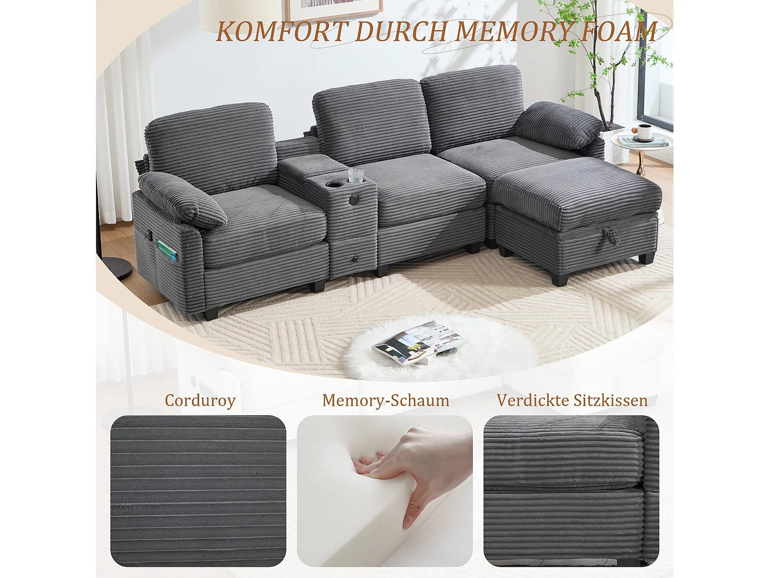 Modernes 3-Sitzer-Sofa – 266 x 136 x 82 cm – mit 2 Getränkehaltern, USB-C-Anschluss, Schublade und abnehmbarem Aufbewahrungshocker – Samt – Dunkelgrau