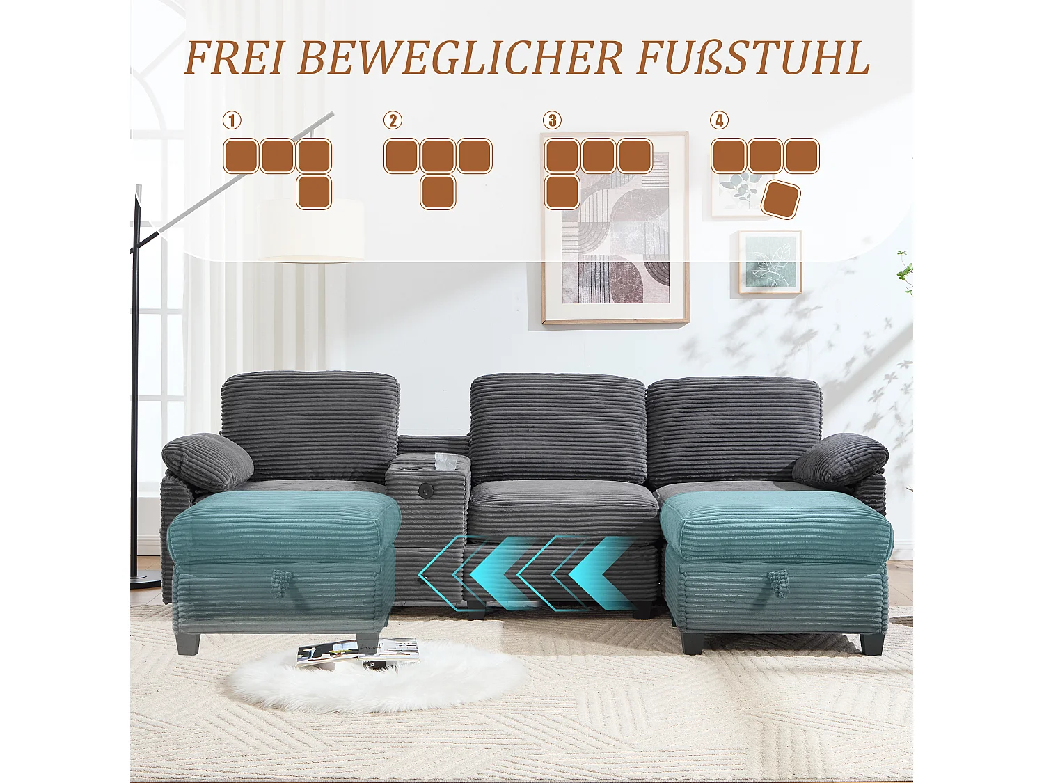 Modernes 3-Sitzer-Sofa – 266 x 136 x 82 cm – mit 2 Getränkehaltern, USB-C-Anschluss, Schublade und abnehmbarem Aufbewahrungshocker – Samt – Dunkelgrau