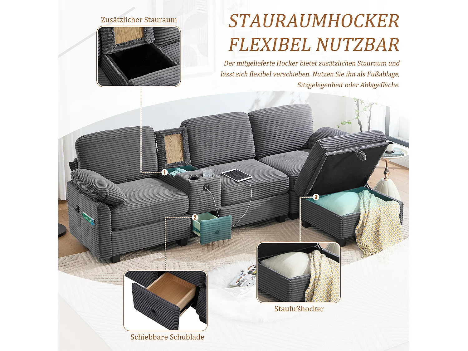 Canapé 3 places moderne - 266 x 136 x 82 cm - avec 2 porte-gobelets + USB-C + tiroir + pouf de rangement amovible - velours - gris foncé