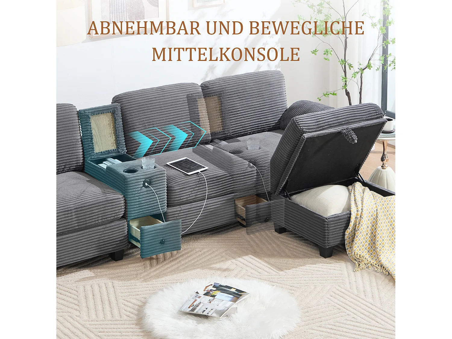 Canapé 3 places moderne - 266 x 136 x 82 cm - avec 2 porte-gobelets + USB-C + tiroir + pouf de rangement amovible - velours - gris foncé
