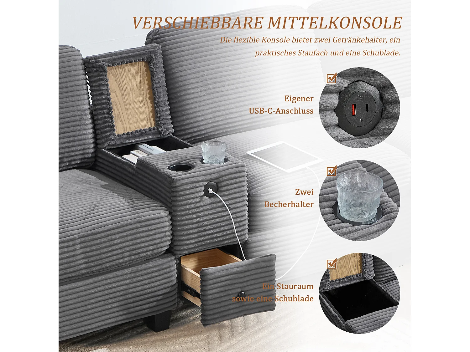 Canapé 3 places moderne - 266 x 136 x 82 cm - avec 2 porte-gobelets + USB-C + tiroir + pouf de rangement amovible - velours - gris foncé