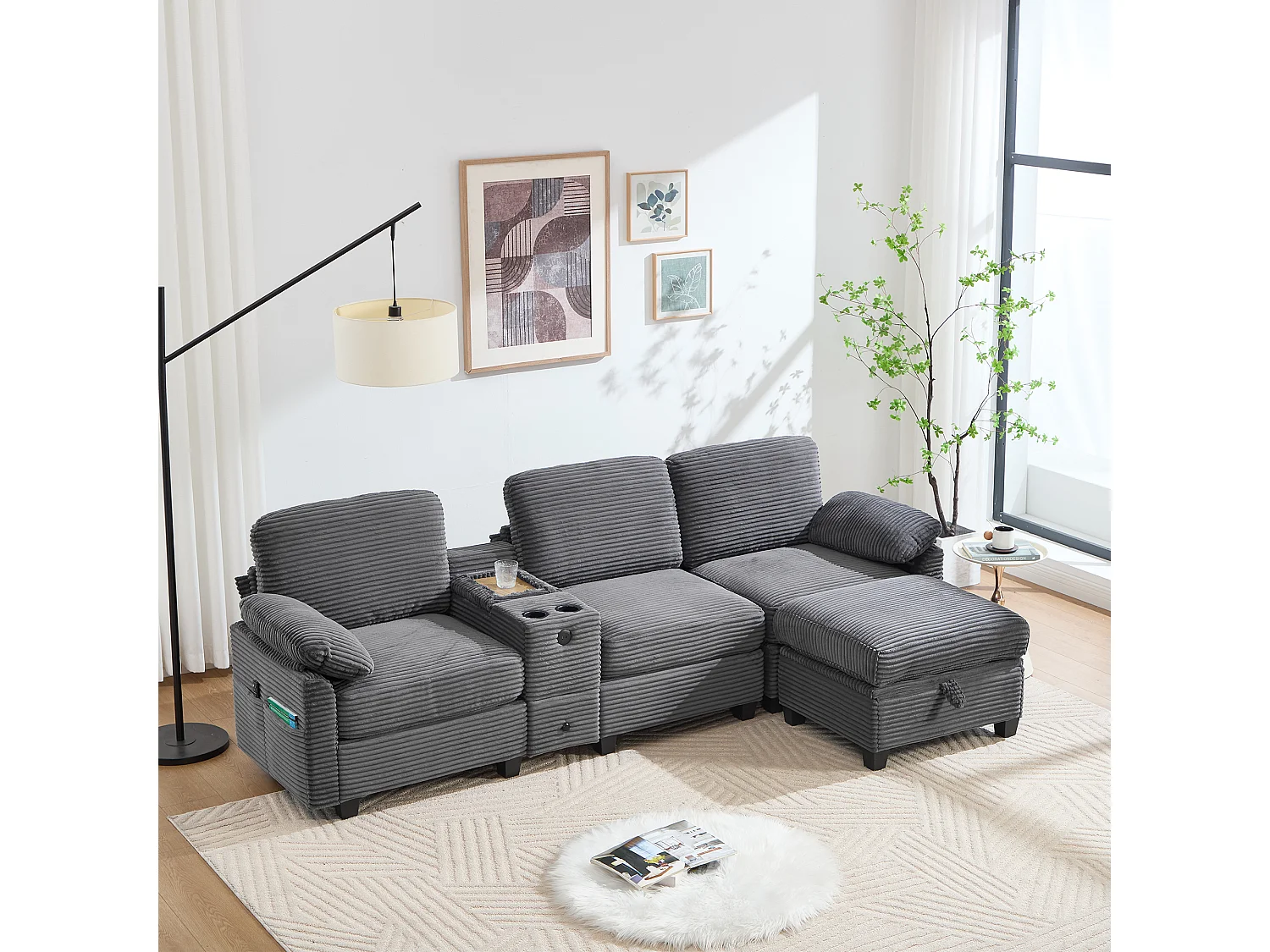 Canapé 3 places moderne - 266 x 136 x 82 cm - avec 2 porte-gobelets + USB-C + tiroir + pouf de rangement amovible - velours - gris foncé