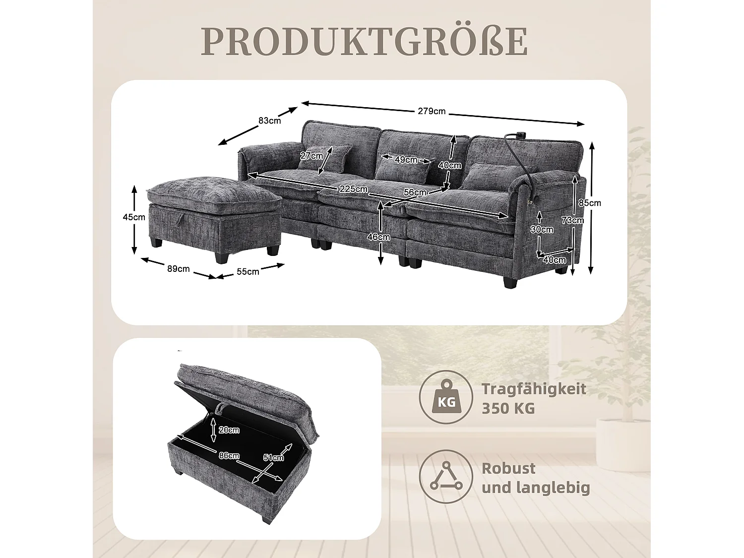 Divano moderno a 3 posti - 279 x 83 x 85 cm - con porta USB + tasca laterale + poggiapiedi con contenitore - velluto - grigio