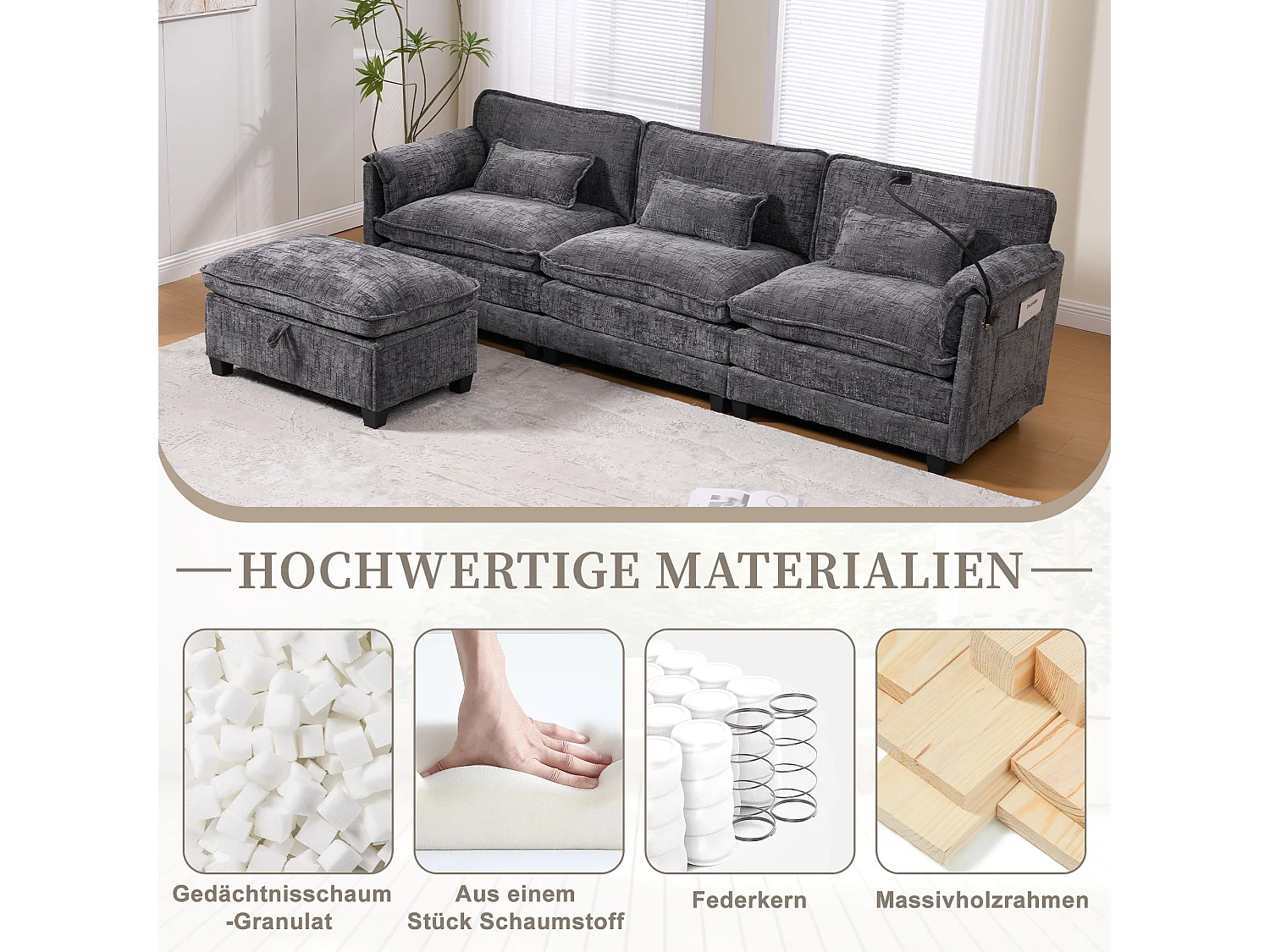 Divano moderno a 3 posti - 279 x 83 x 85 cm - con porta USB + tasca laterale + poggiapiedi con contenitore - velluto - grigio