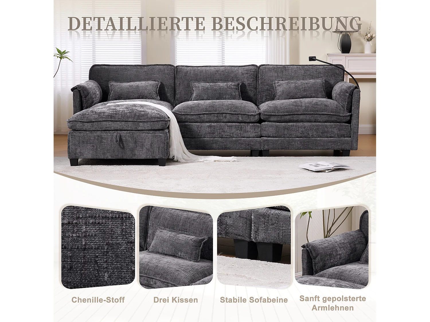 Divano moderno a 3 posti - 279 x 83 x 85 cm - con porta USB + tasca laterale + poggiapiedi con contenitore - velluto - grigio