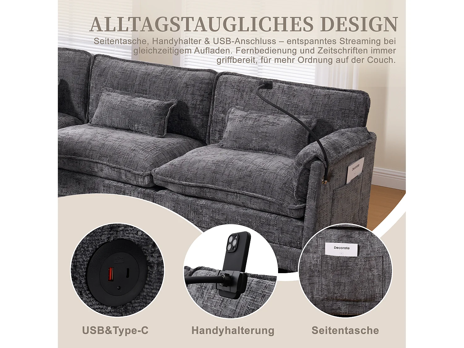 Divano moderno a 3 posti - 279 x 83 x 85 cm - con porta USB + tasca laterale + poggiapiedi con contenitore - velluto - grigio