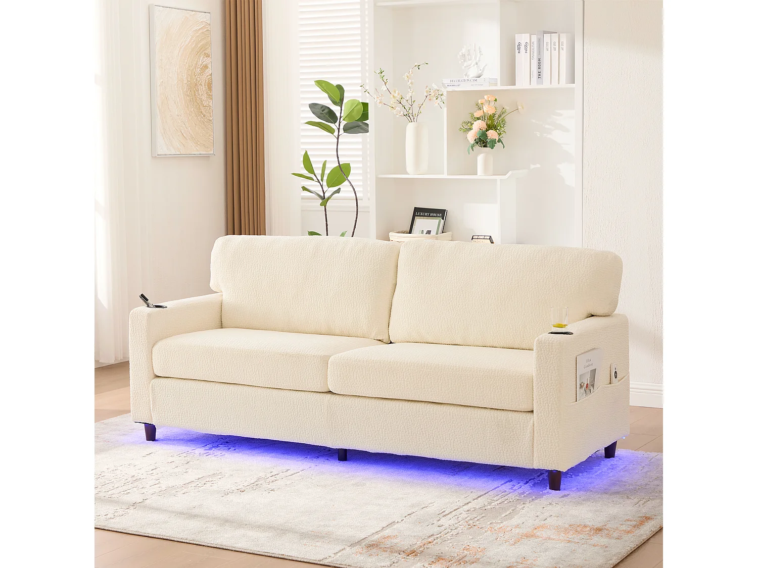 Canapé 2 places moderne - 203 x 77.5 x 85 cm - avec USB-C + Leds + porte-gobelets et poches latérales - velours - Beige