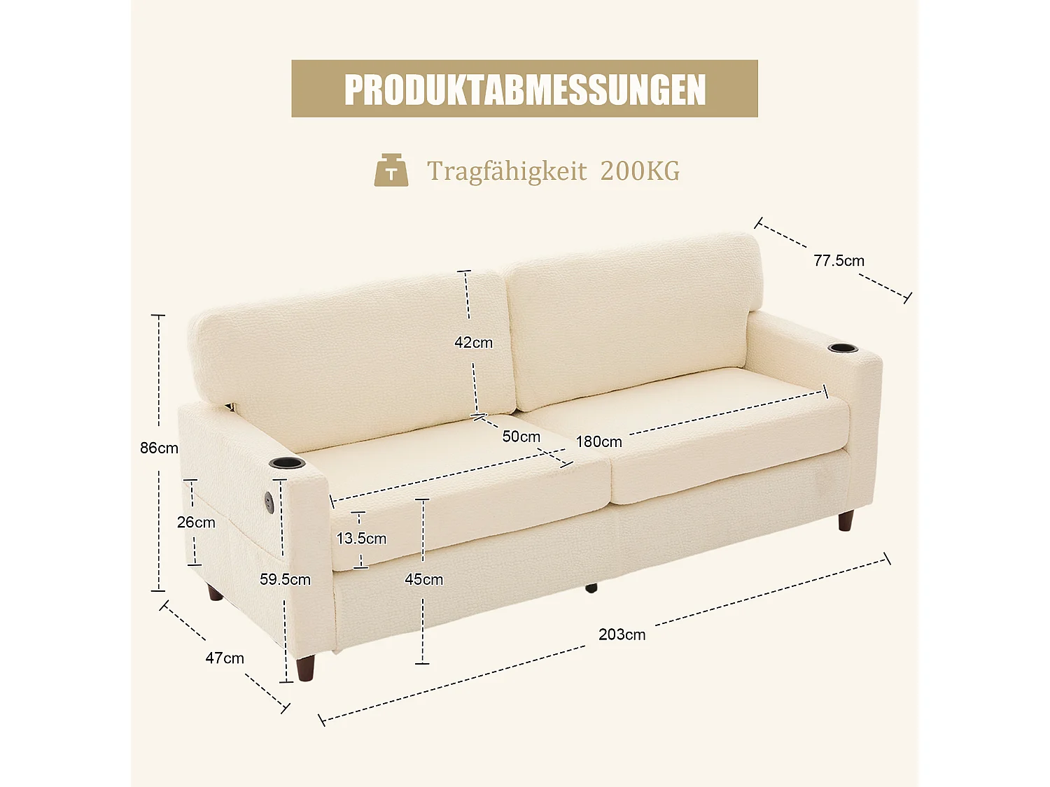 Canapé 2 places moderne - 203 x 77.5 x 85 cm - avec USB-C + Leds + porte-gobelets et poches latérales - velours - Beige